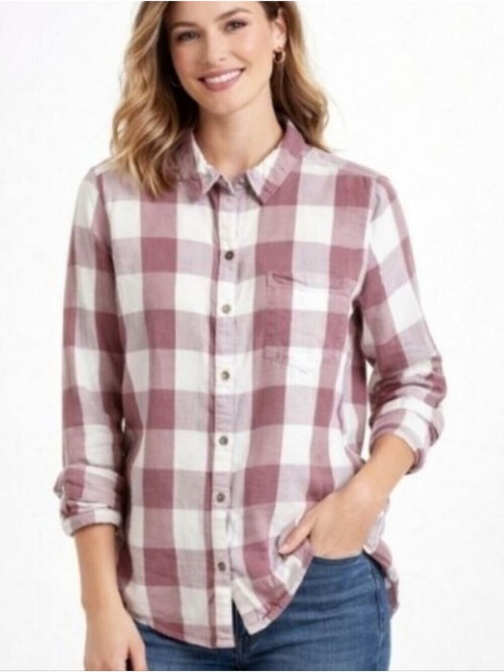 SO Kohls Mauve Buffalo Plaid Button Favorite Shirt Size Large